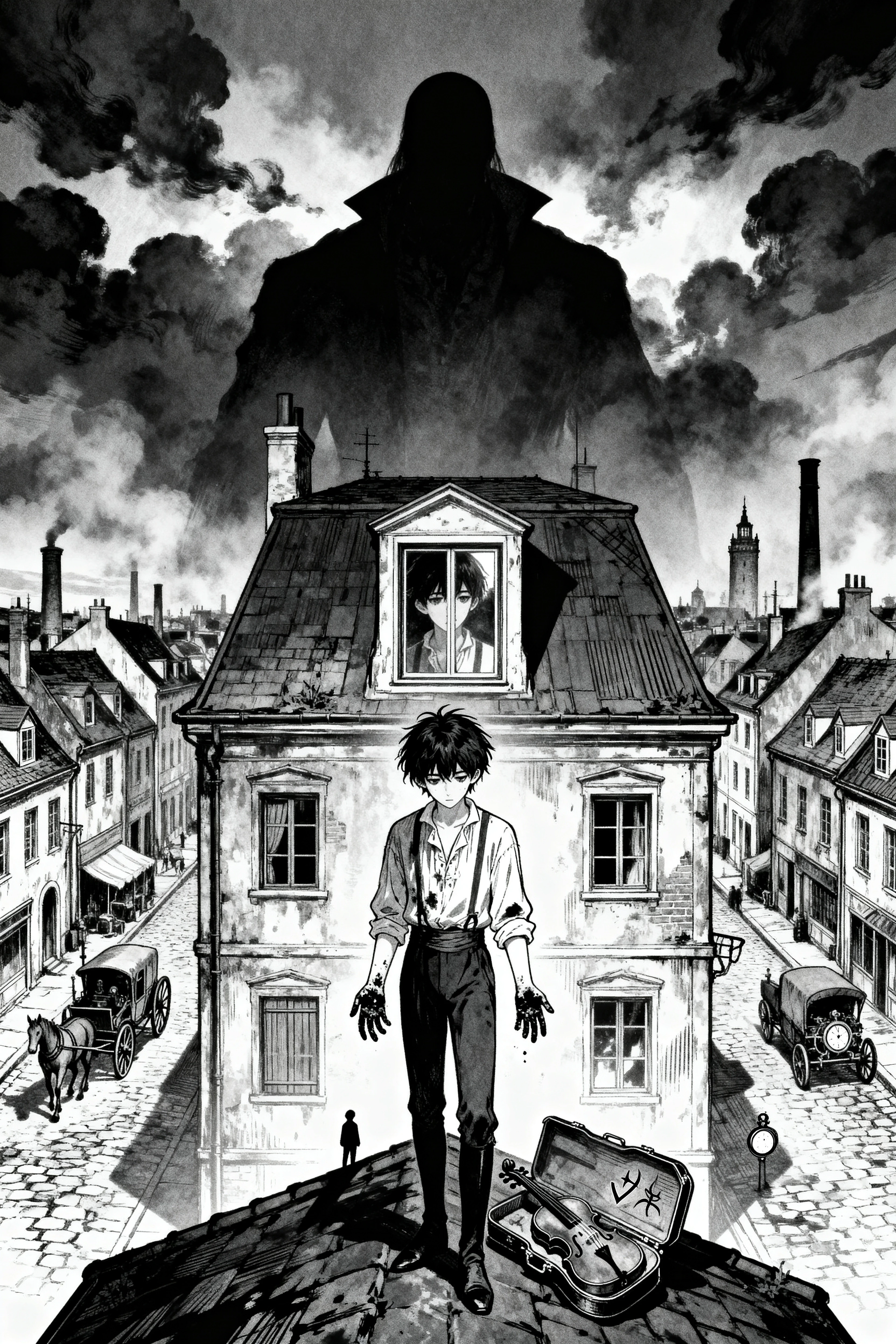 Black and white Japanese manga novel cover, dark supernatural mystery, psychological mystery, seinen manga aesthetic. A young male protagonist standing alone on the rooftop of…