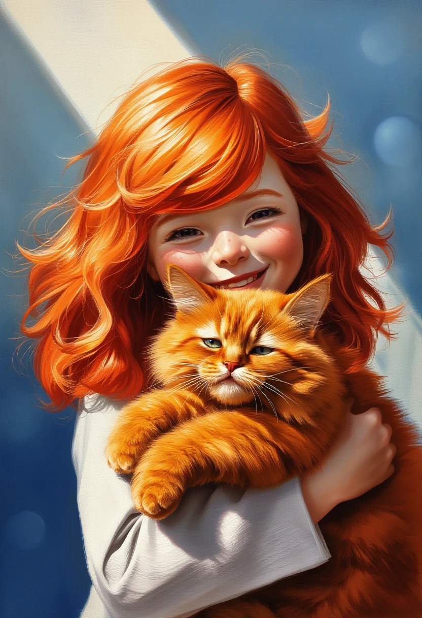 A cheerful red-haired girl holds a big red cat in her arms, hugging it. The girl has fluffy bright red hair, a freckled face, the sun's rays play in her hair, emphasizing…