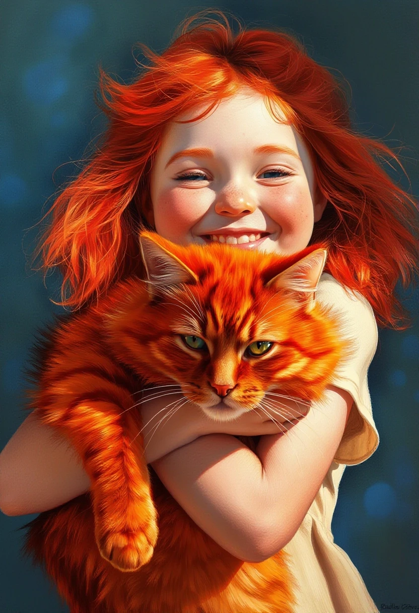 A cheerful red-haired girl holds a big red cat in her arms, hugging it. The girl has fluffy bright red hair, a freckled face, the sun's rays play in her hair, emphasizing…