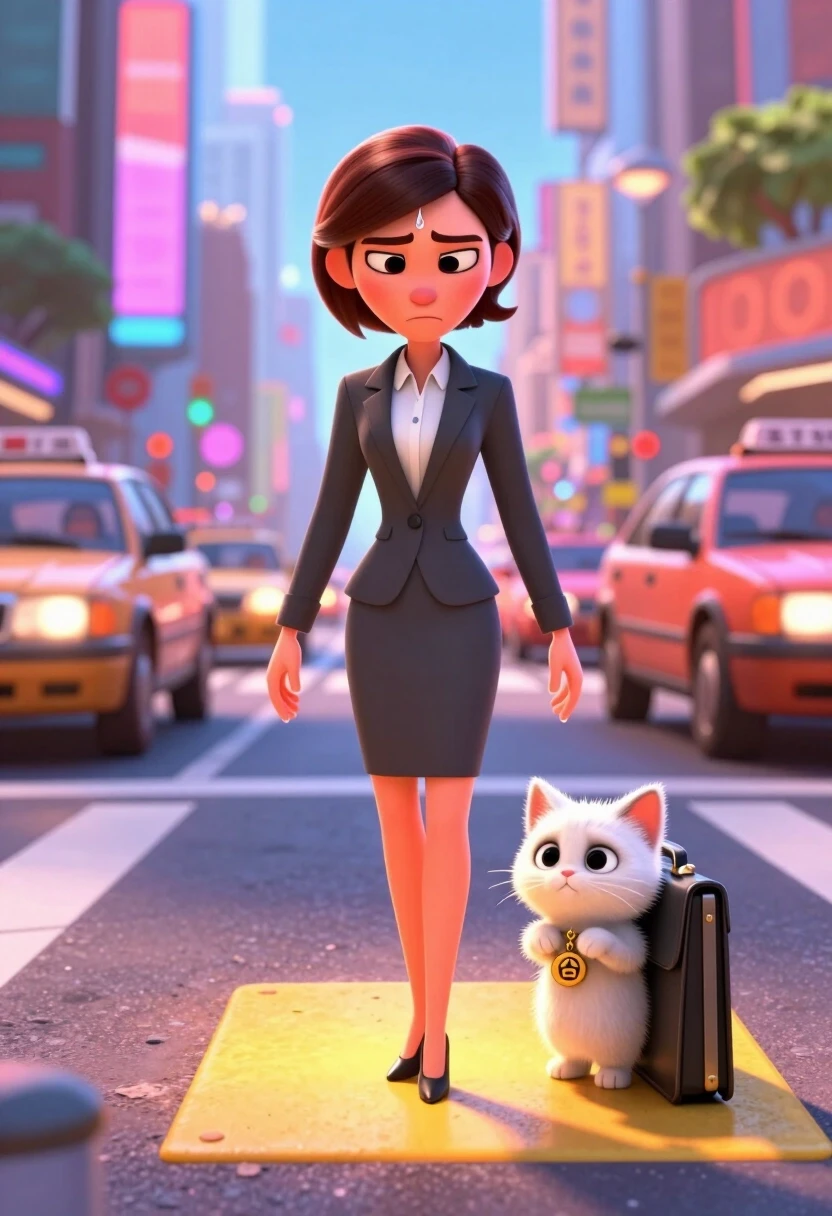 3D-rendered cinematic animation style, Pixar-level lighting, vibrant saturated colors, high-end octane render. A confident, sharp-dressed businesswoman in a power suit stands in…