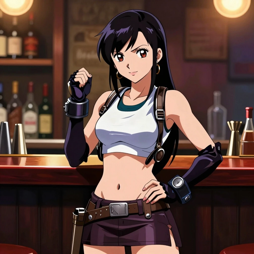 Anime art, girl Tifa Lockhart, standing behind the bar counter, in the role of bartender — работа пользователя Солнечный Лазурь