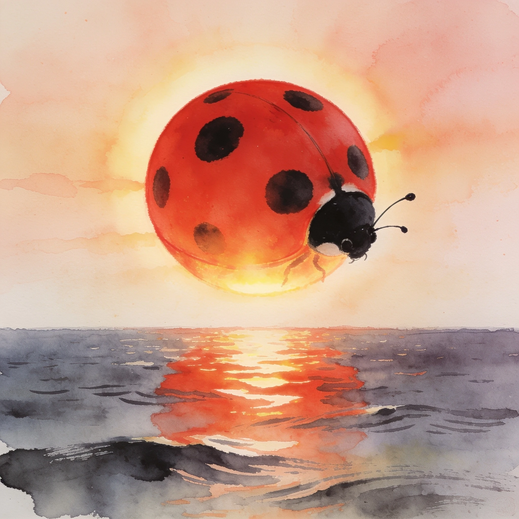 Watercolour and ink wash painting style, surreal red sunrise. The sun is a large glowing red orb designed to closely resemble a ladybird — bright red domed shell with large…