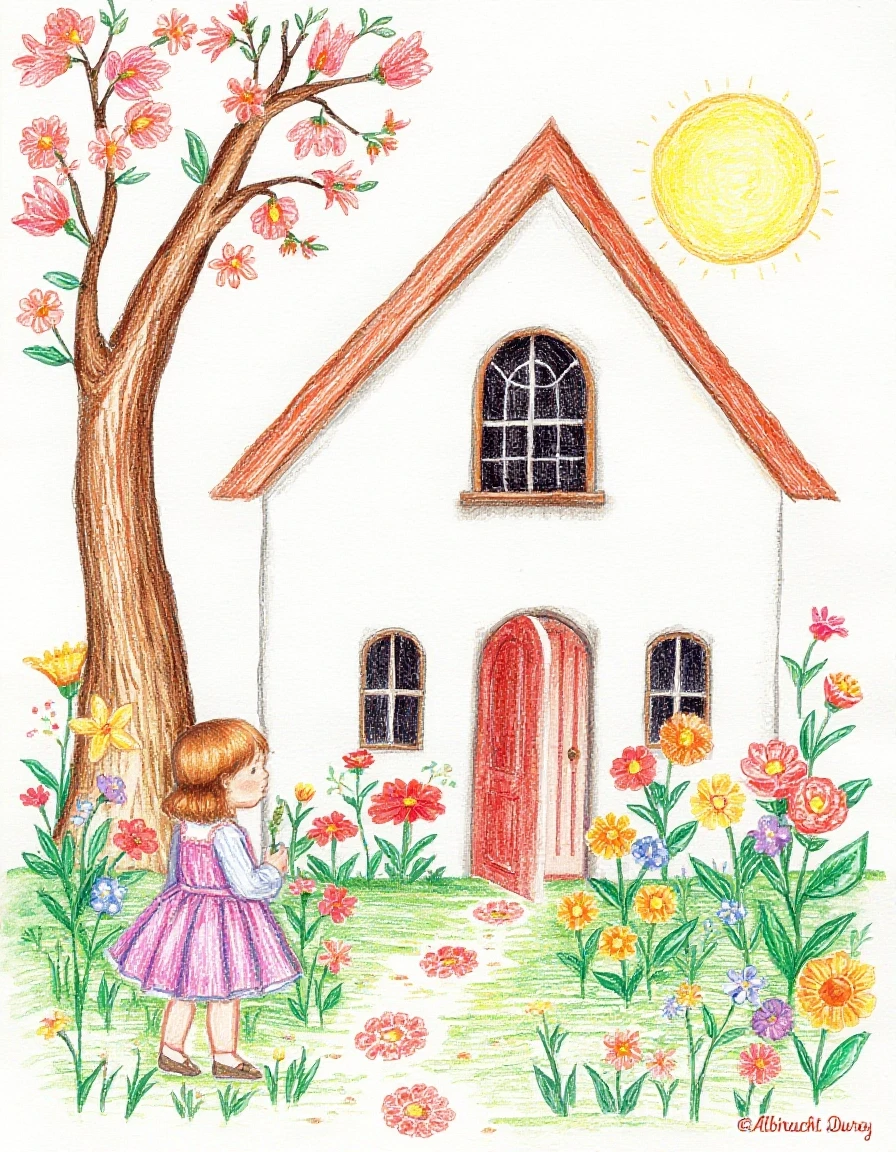A masterpiece. Creating an image. ((The style is naive graphics in colored pencils. children's drawing of flowers, house, summer, little girl:1,6)). High resolution. High…