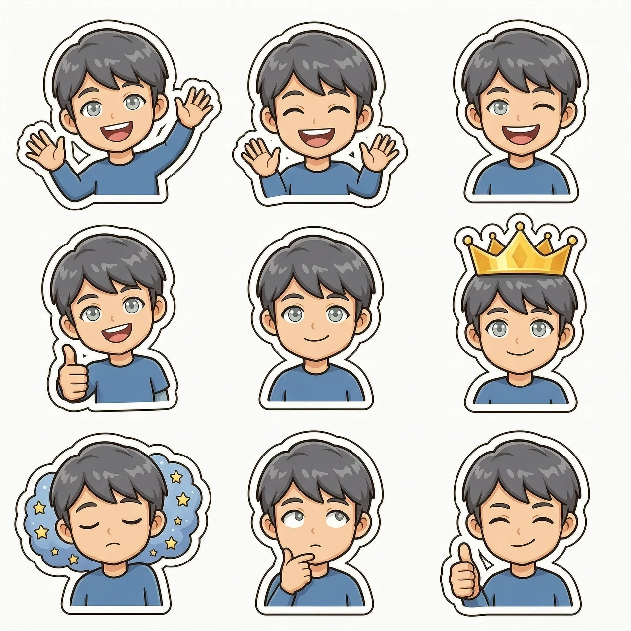 Sticker sheet featuring a 3x3 grid of 9 distinct stickers of the character from the uploaded photo, maintaining absolute facial identity: exact eyes, nose, lips, jawline,…