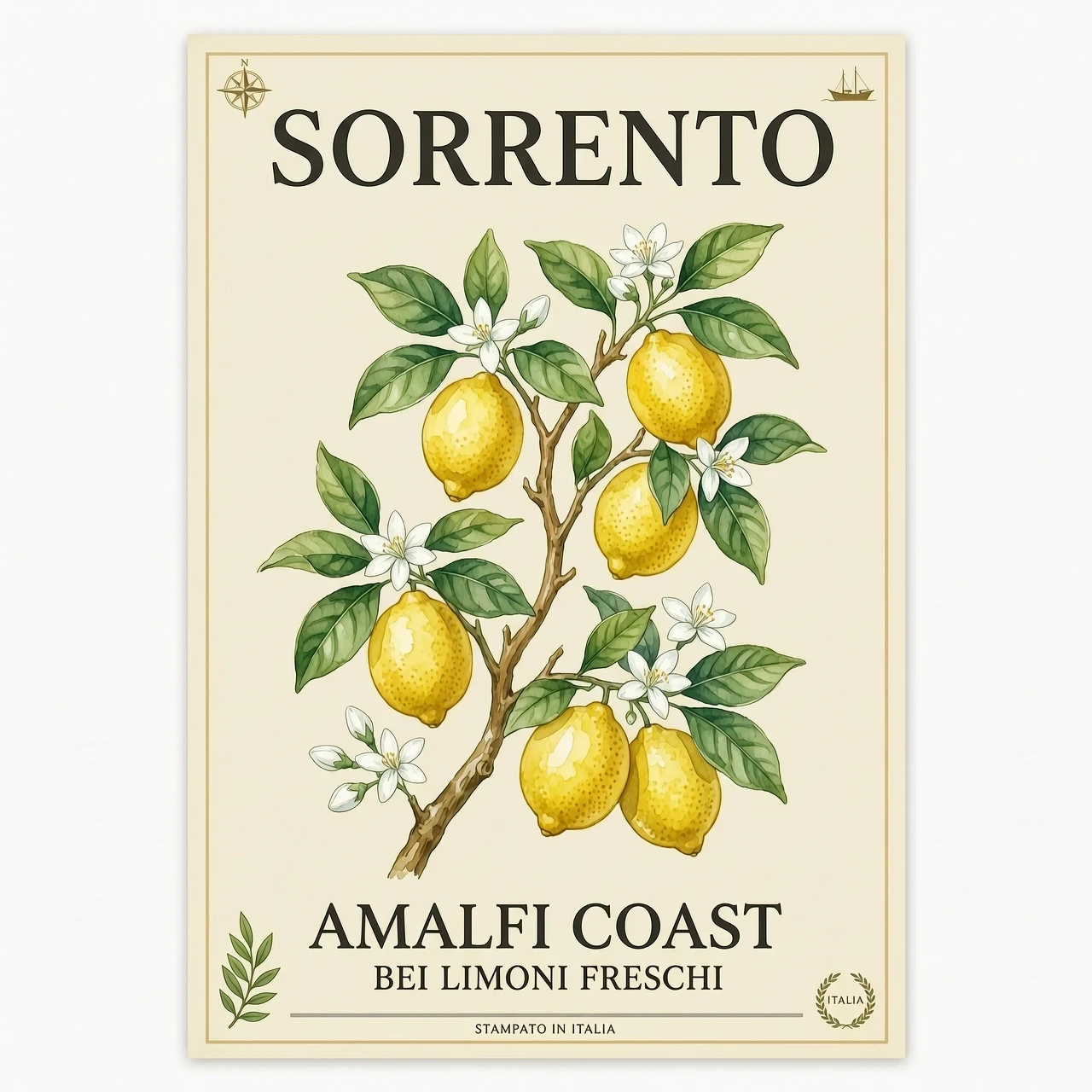 Vintage Italian travel poster, watercolor illustration of a lemon tree branch with ripe yellow lemons, lush green leaves, and delicate white citrus blossoms. Background is clean…