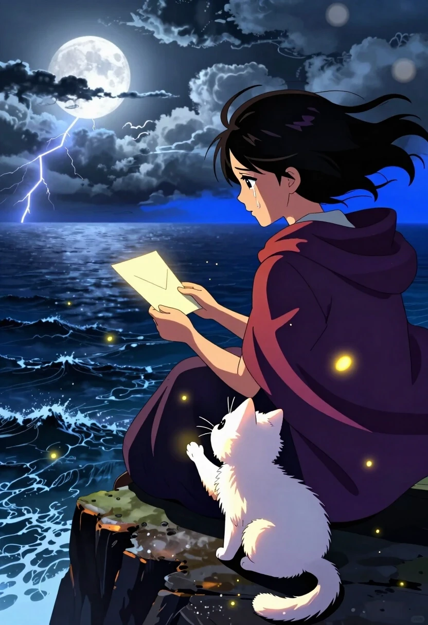 High-energy anime style, bold outlines, cel shading, vibrant saturated colors, dramatic chiaroscuro. A young woman sits alone on the edge of a cliff overlooking a vast, stormy…
