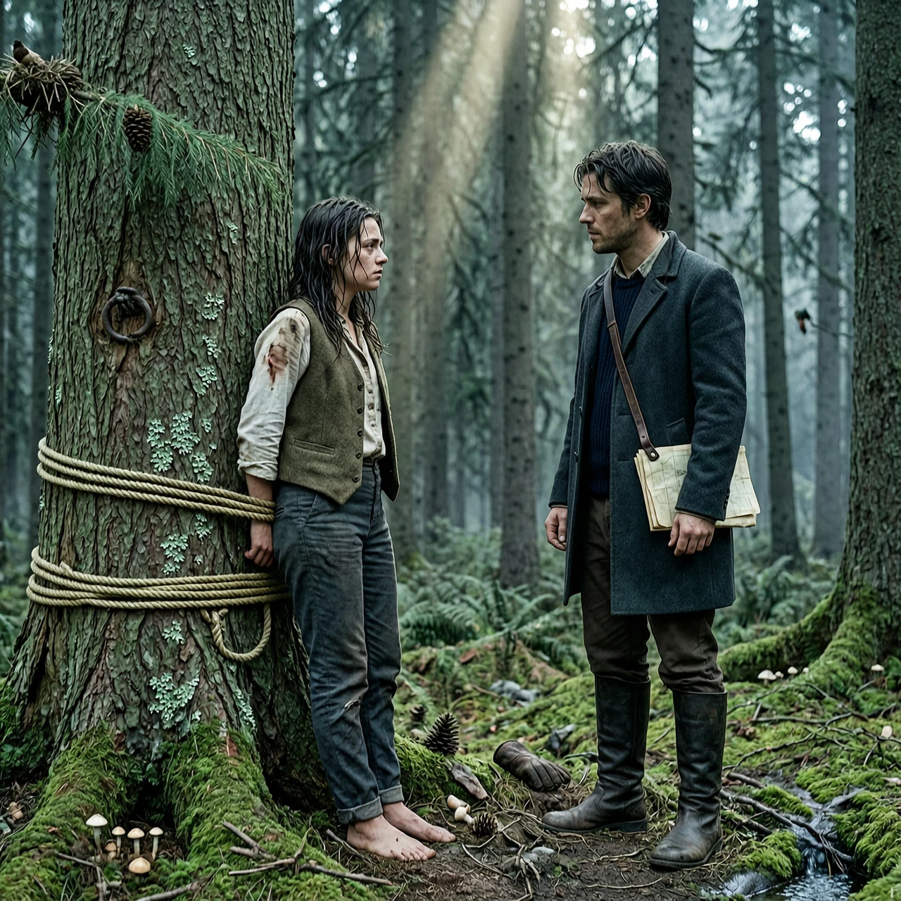 A cinematic medium shot of a confrontation in a gloomy forest. A ragged young woman is tied to a massive spruce tree; she looks exhausted but her eyes still flash with defiance…