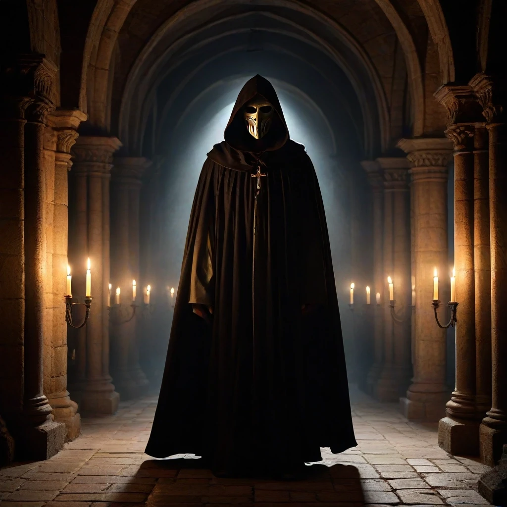 Under the vaults of an ancient medieval church, in the semi-darkness, by the lit candles, stands a mysterious man in a long, ankle-length cloak, a hood thrown over his head, his…