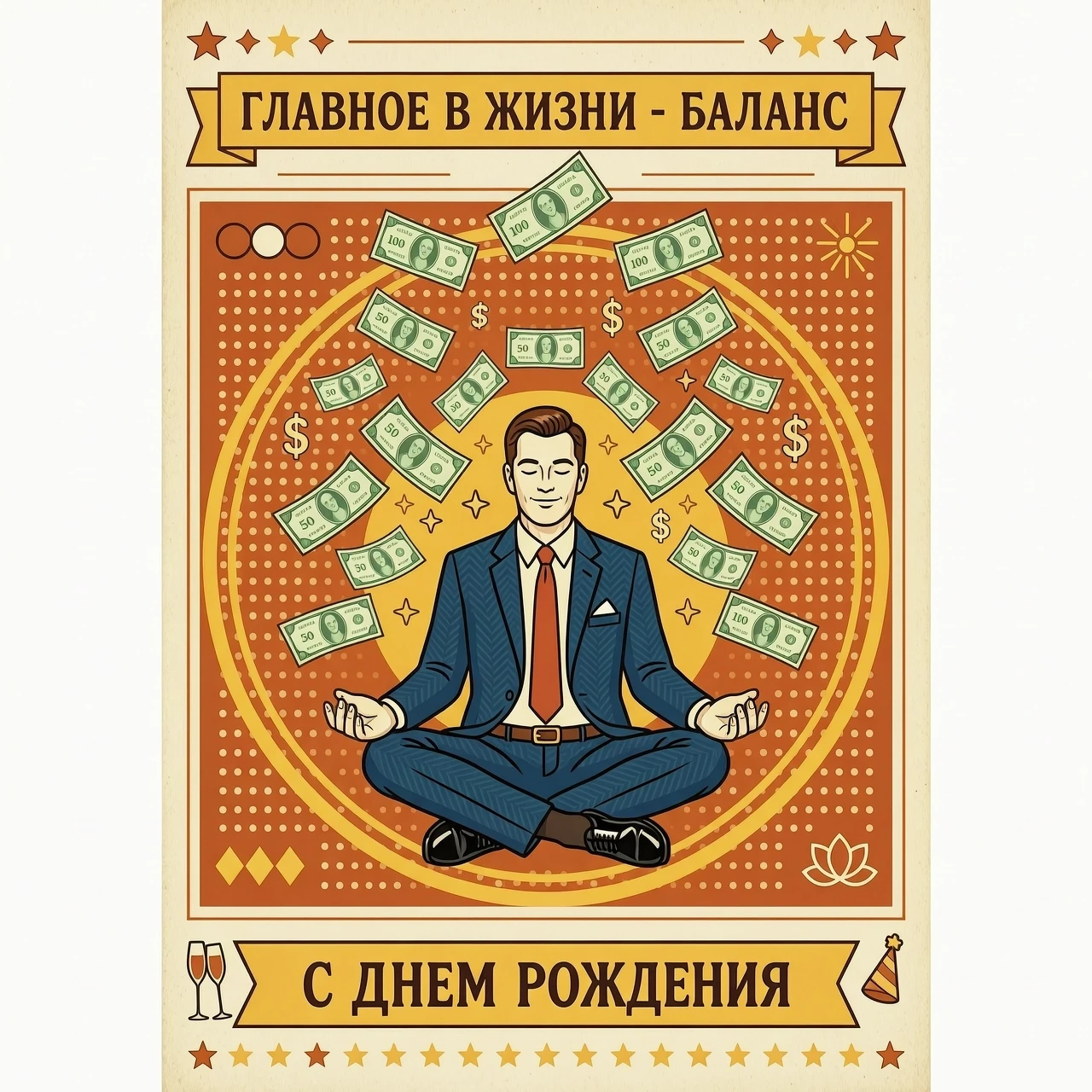 На изображении представлен белый мужчина в офисном костюме, сидящий в классической позе лотоса. Вокруг медитирующего мужчины в воздухе парят денежные купюры различных номиналов.…