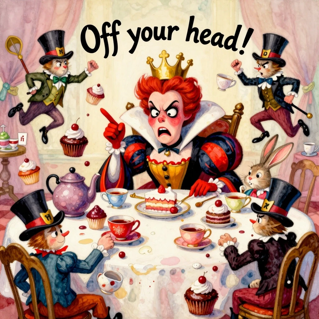 (masterpiece:1.8, acrylic painting:1.5, best quality:1.6, ultra-detailed:1.6). A bizarre and funny image (of the Queen of Hearts), who, sitting at a crazy tea table, angrily…
