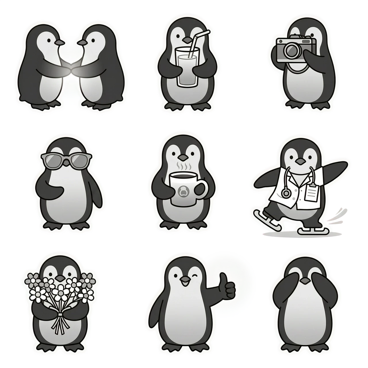 A set of 10 minimalist vector stickers on a transparent background featuring a penguin theme: penguins holding hands, a penguin drinking juice from a glass, a penguin holding a…