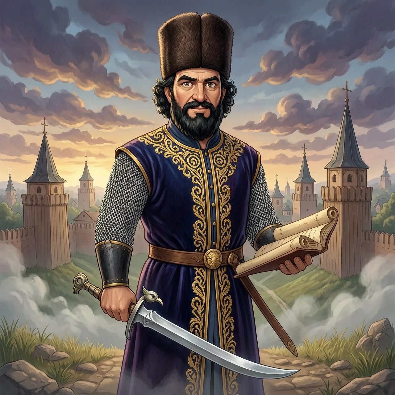 masterpiece, ultra detailed, 8k resolution, digital art. Epic historical portrait of Ataman Yermak Timofeyevich, the legendary Cossack leader. Character design for mascot: Man…