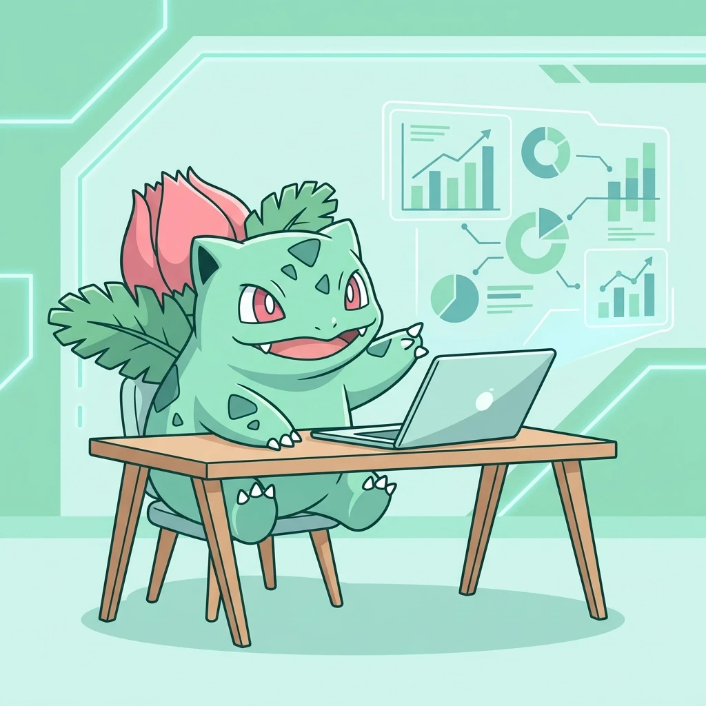 Flat vector illustration, cute Ivysaur character sitting at a desk with a laptop, pointing at a floating chart and infographics, pastel mint green and light blue background,…