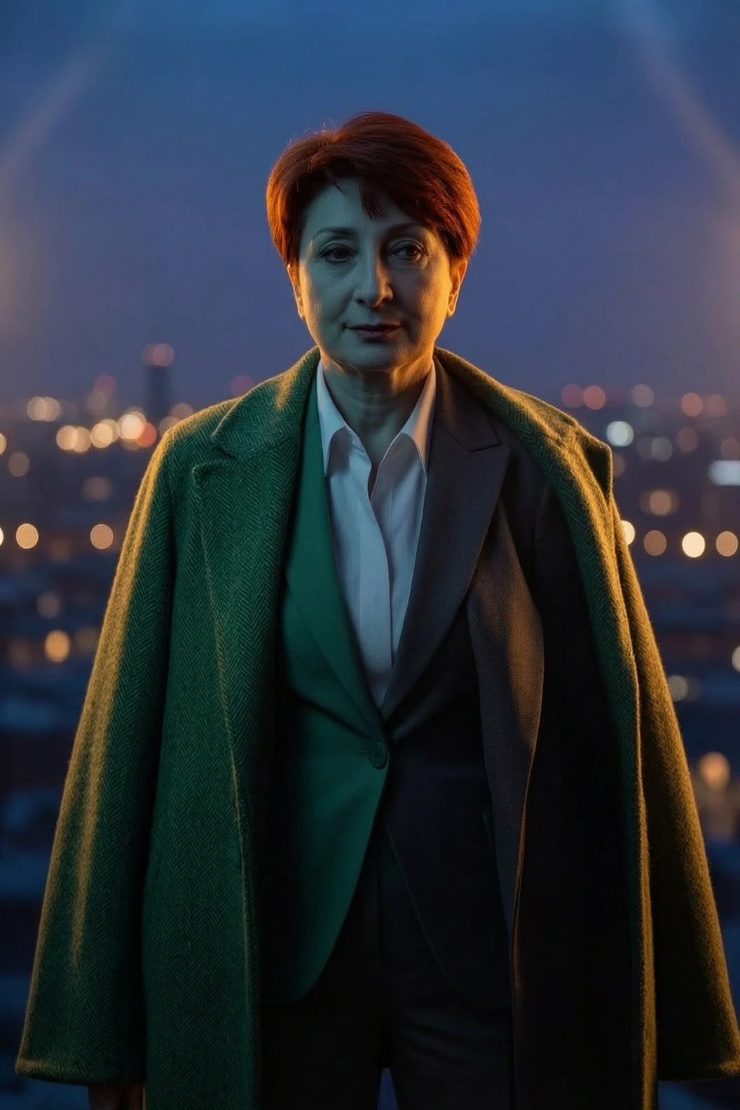 A hyper-realistic cinematic portrait of a person standing in a dramatic urban setting, captured in a moment of indecision regarding their attire. The character is caught between…