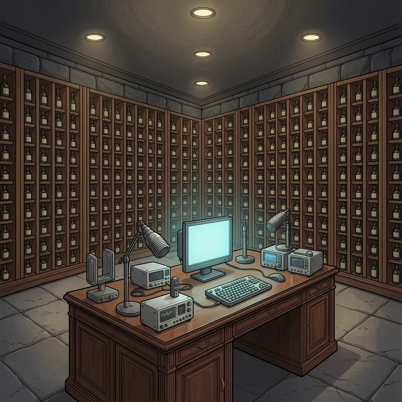 Spacious, luxurious basement cellar of a billionaire's mansion, Ace Attorney Trilogy art style, high-quality 2D digital illustration with sharp cel-shading and bold…