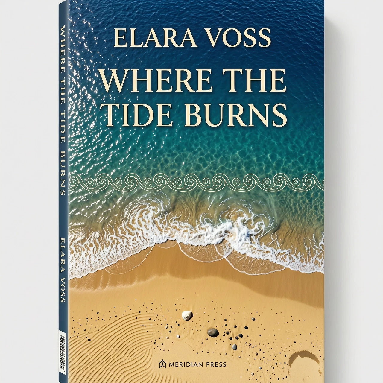 Book cover art, minimalist style, vertical book cover composition, look from above. The top two-thirds of the image is a beautiful blue sea, the bottom one-third is warm yellow…