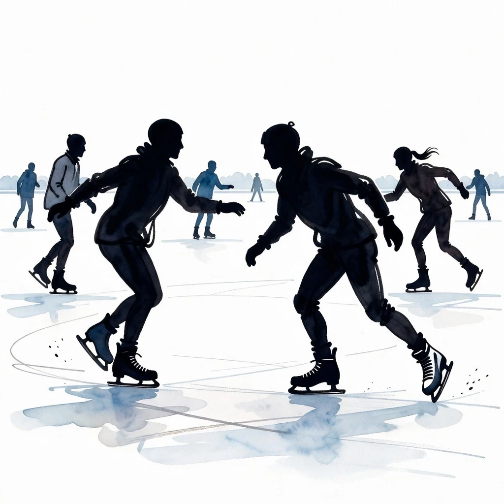 Create a watercolor urban sketch: in the style of artist Cheng Chung Wei + cartoon, people on skates, ice skating on a lake, in sketch style. silhouette. On a white background —…