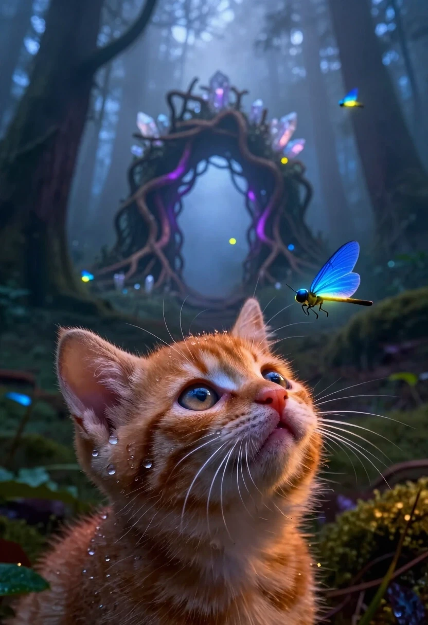 Photorealistic, 8K, macro and wide mix. A dense, misty forest at dawn. The foreground is a close-up of a tiny ginger kitten’s face, looking up with wide, curious eyes. Its nose…