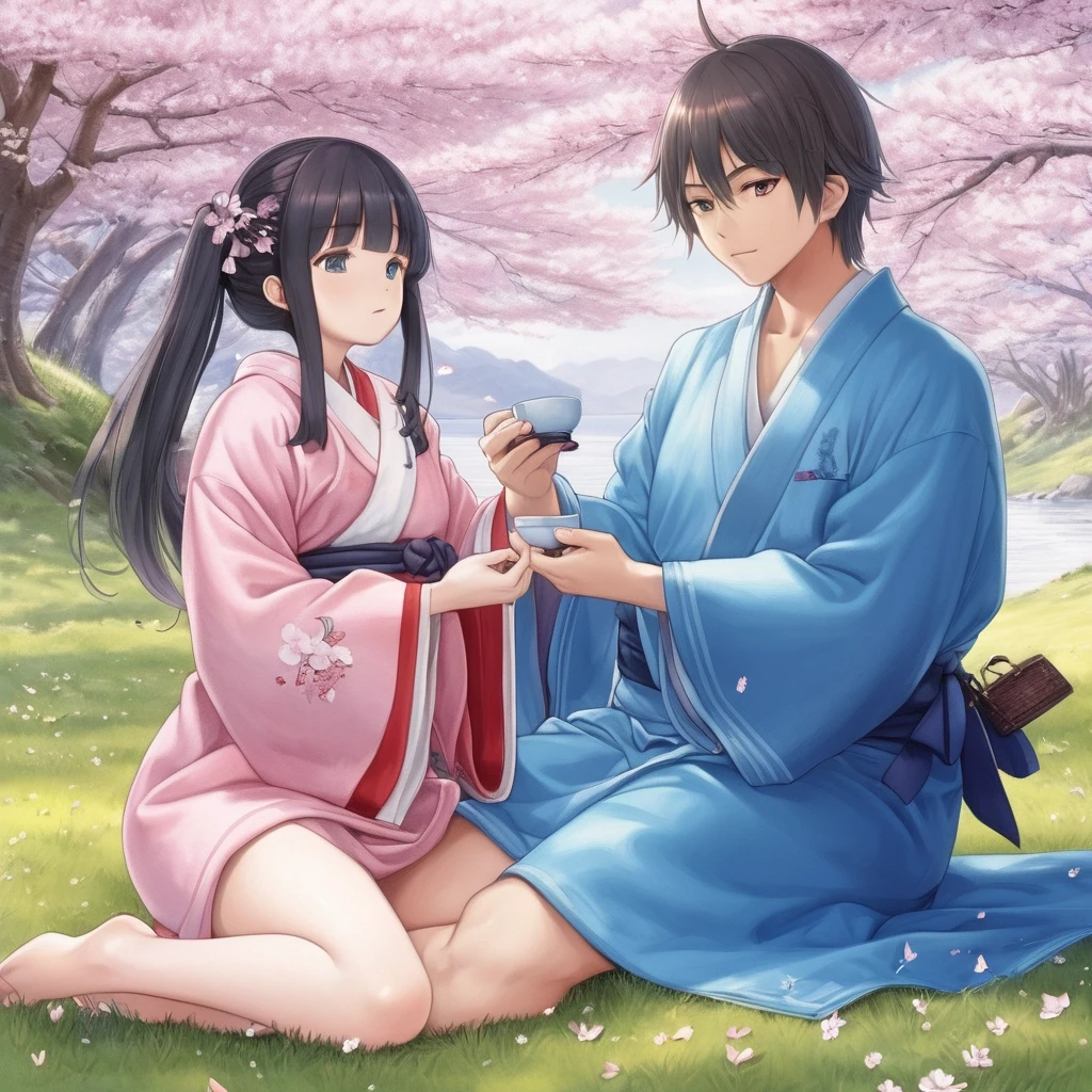 a couple of people that are sitting in the grass, a picture, by Jin Homura, tea, wearing a blue robe The girl opens her robe (not completely), the cherry blossom petals cover…