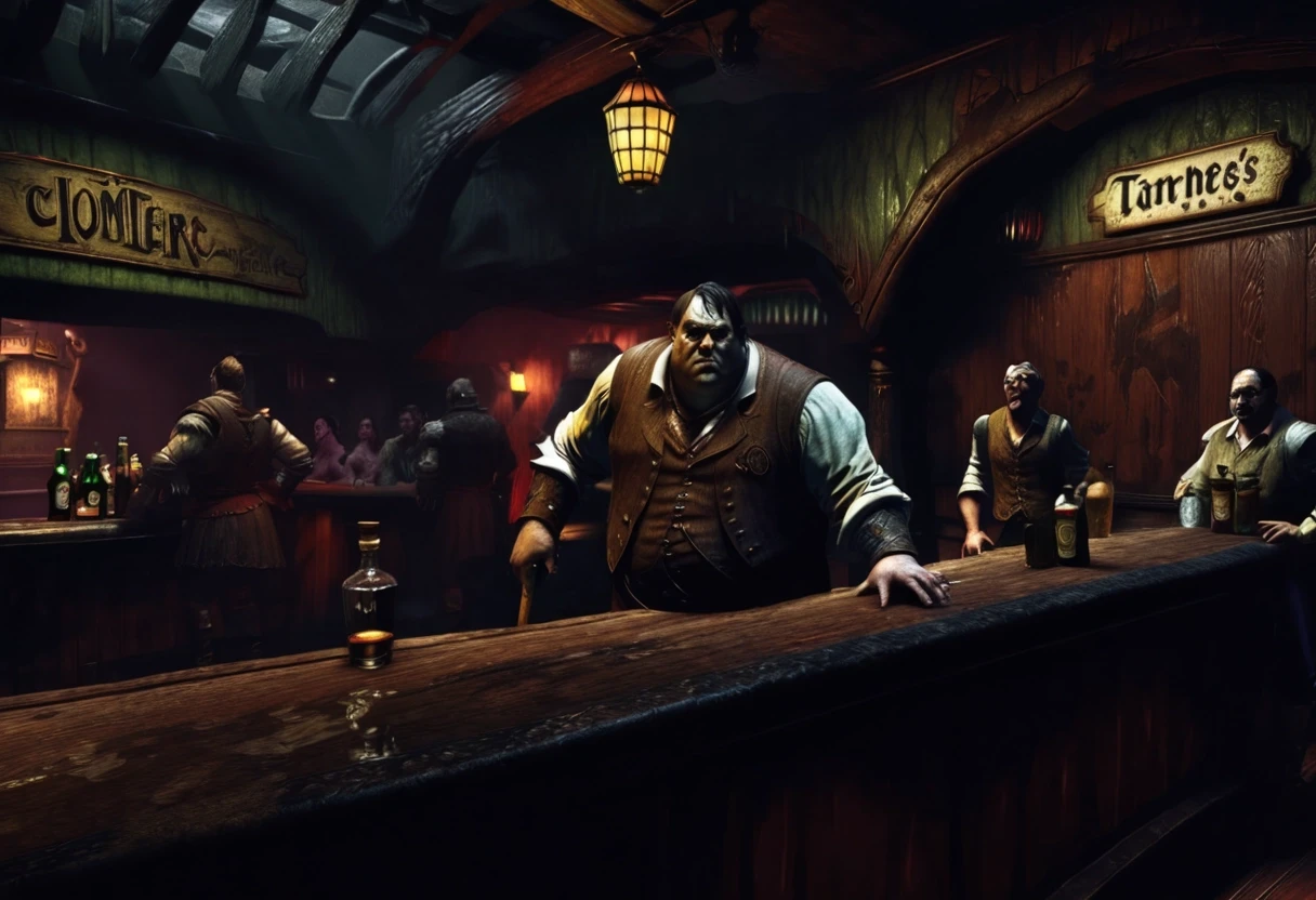 The interior of a gloomy INN in a dark fantasy setting based on the Middle Ages; a fat, dirty man is standing behind the bar; the people in the tavern are dressed in rags. —…