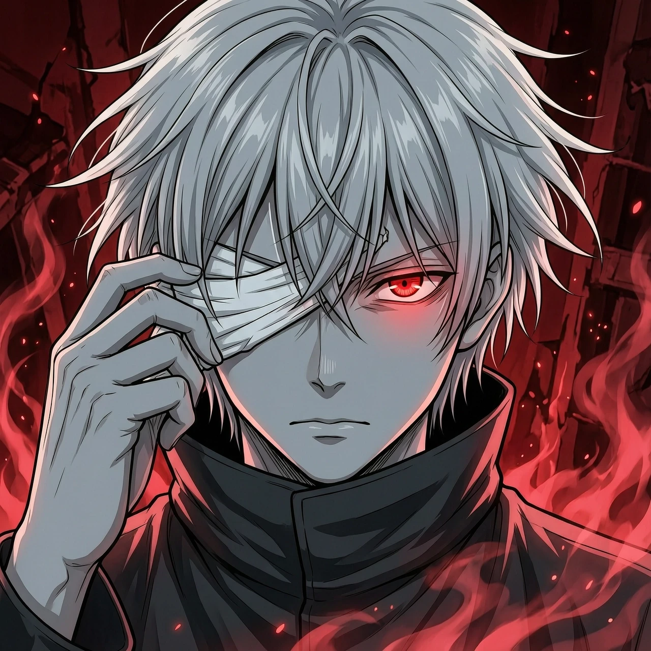 "Аватарка, крупный план аниме парня, персонаж похож на Ken Kaneki из Tokyo Ghoul. У него взъерошенные, светло-серые/белые волосы. Глаза интенсивно светятся красным…