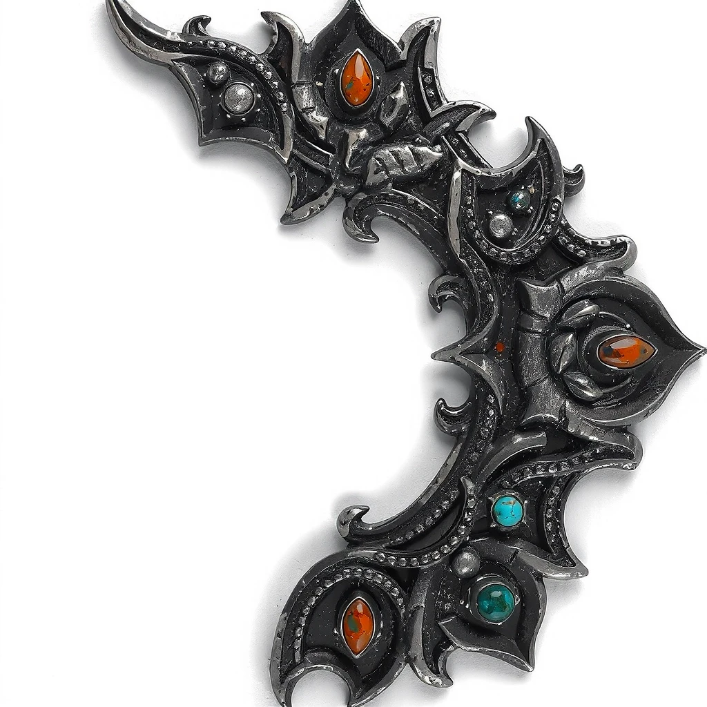Create a corner for a frame on a clean white background (NO SHADOW) blackened silver; Celtic lines; small red or blue stones; symmetry; gothic fantasy. Only a corner on one…