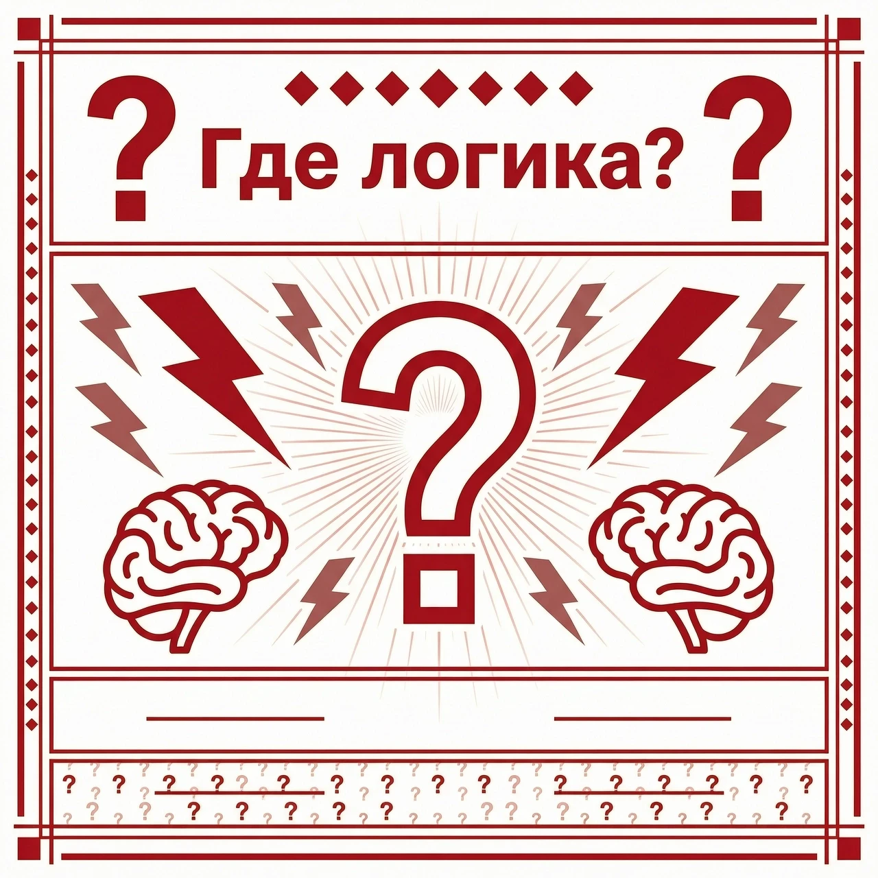 Шаблон грамоты для интеллектуально развлекательный программы "Где логика?" в красно белой цветовой гамме, с имволами вопросительный щнаки, мозг, молнии (смысл ломать…