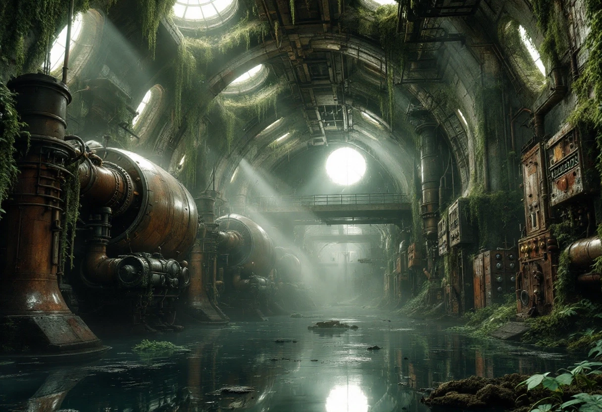 Cinematic wide shot of a decaying, abandoned military bunker hall, partially submerged in murky, stagnant water reflecting the overhead ruins. The atmosphere is heavy with…