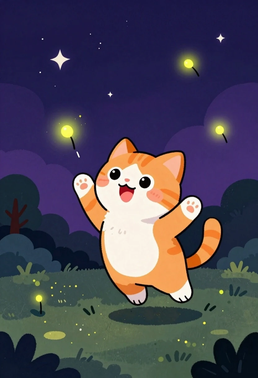 A children's crayon and marker drawing of a cute fluffy orange and white cat with big round sparkling eyes, pink nose, rosy cheeks and a joyful open-mouthed smile, leaping…