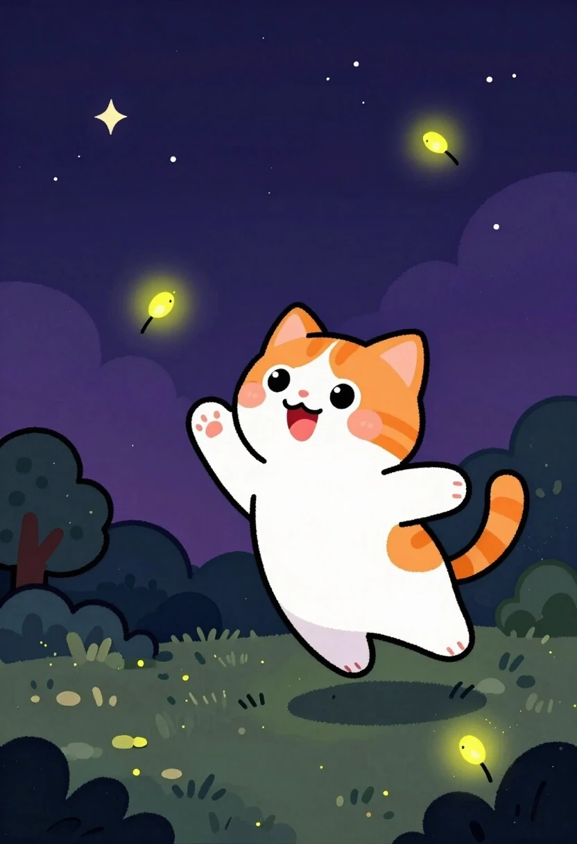 A children's crayon and marker drawing of a cute fluffy orange and white cat with big round sparkling eyes, pink nose, rosy cheeks and a joyful open-mouthed smile, leaping…