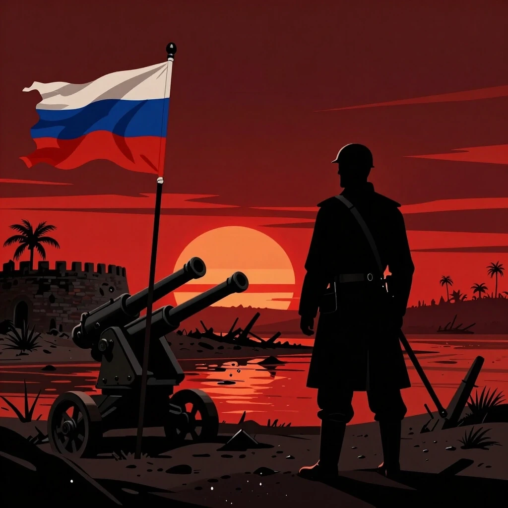 Dramatic noir illustration, graphic novel and documentary style. Silhouette of a Cossack against a blazing sunset, painted in dark crimson and black tones. He looks at a fort…