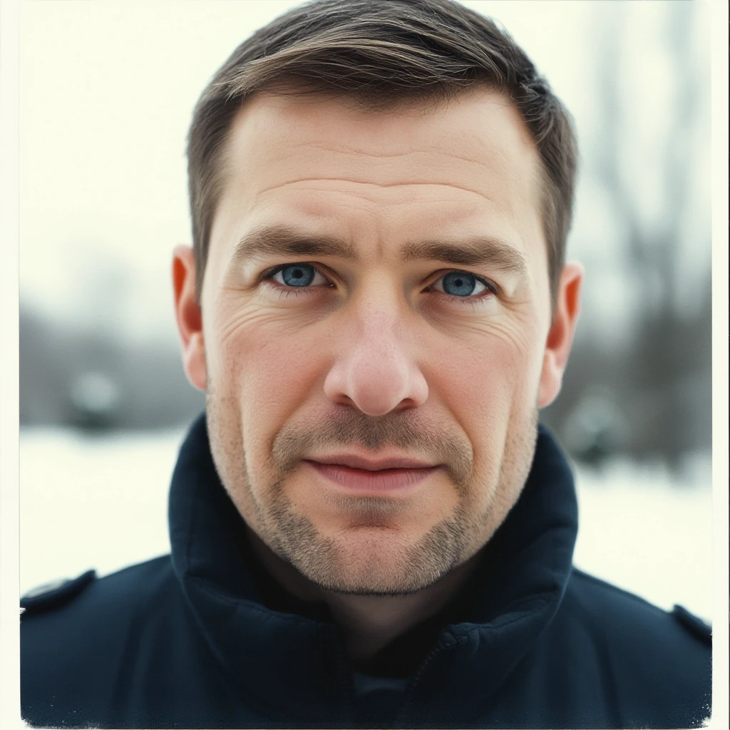 Close-up portrait of a 38-year-old Russian man, stocky build, round face shape, short dark blonde hair, neat short stubble. Thin lips with a subtle, barely noticeable gentle…