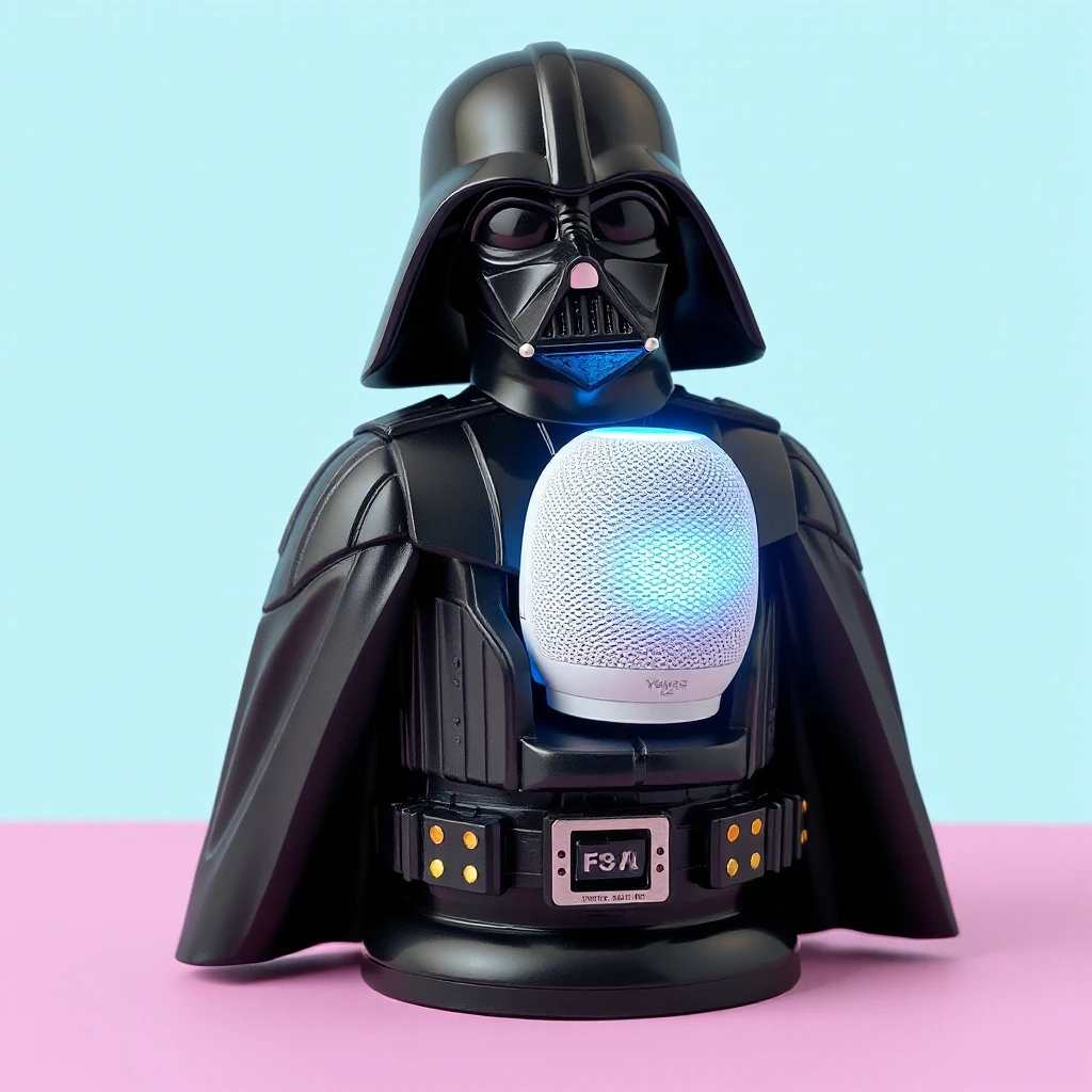 A quirky and fun gadget concept. A 30cm tall collectible Darth Vader statue made of glossy black plastic, but with a twist: the front of its chest armor is open, and a cute…