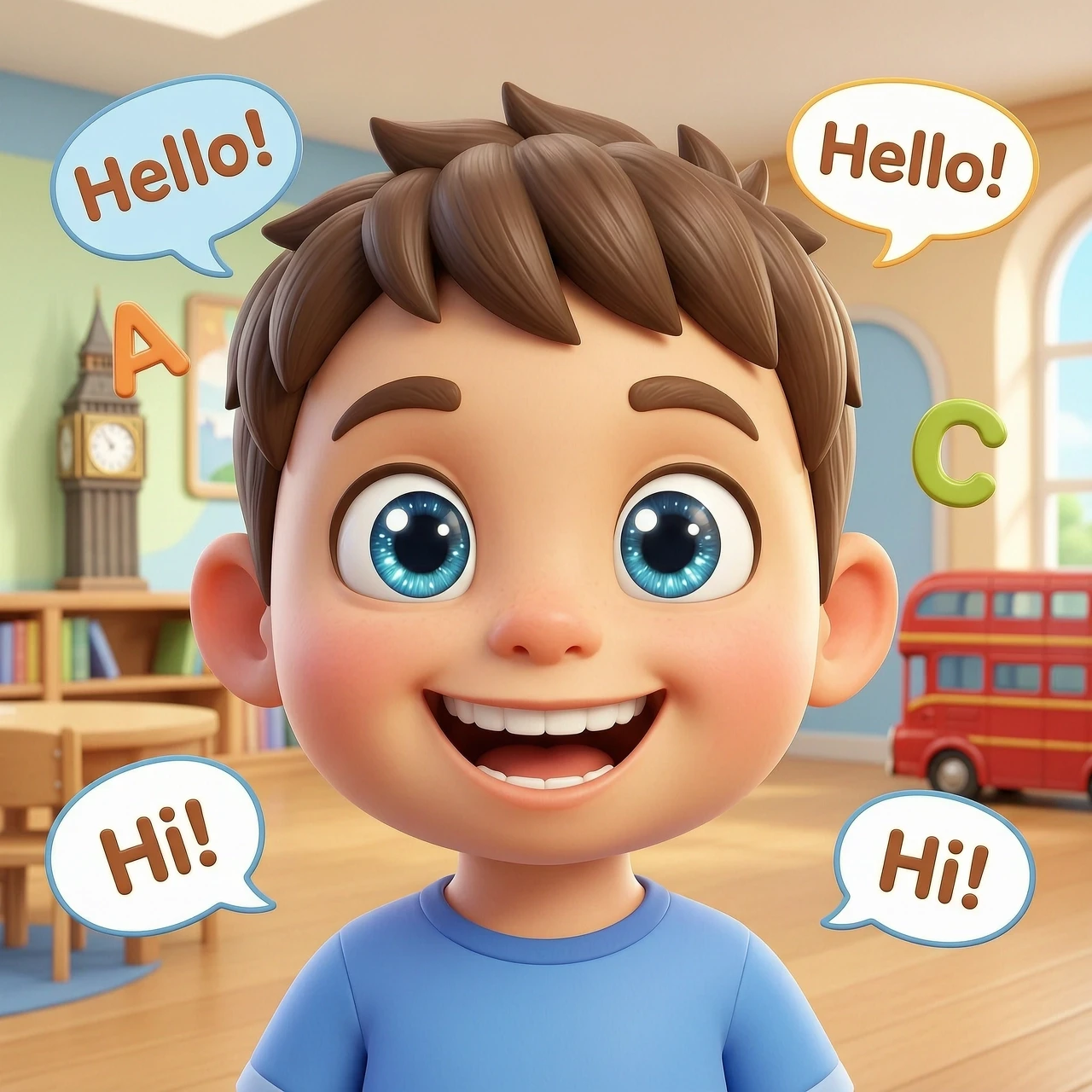A vibrant and high-quality 3D cartoon avatar designed for an English language school for kids. The character is a friendly, expressive, and charismatic mascot with large,…