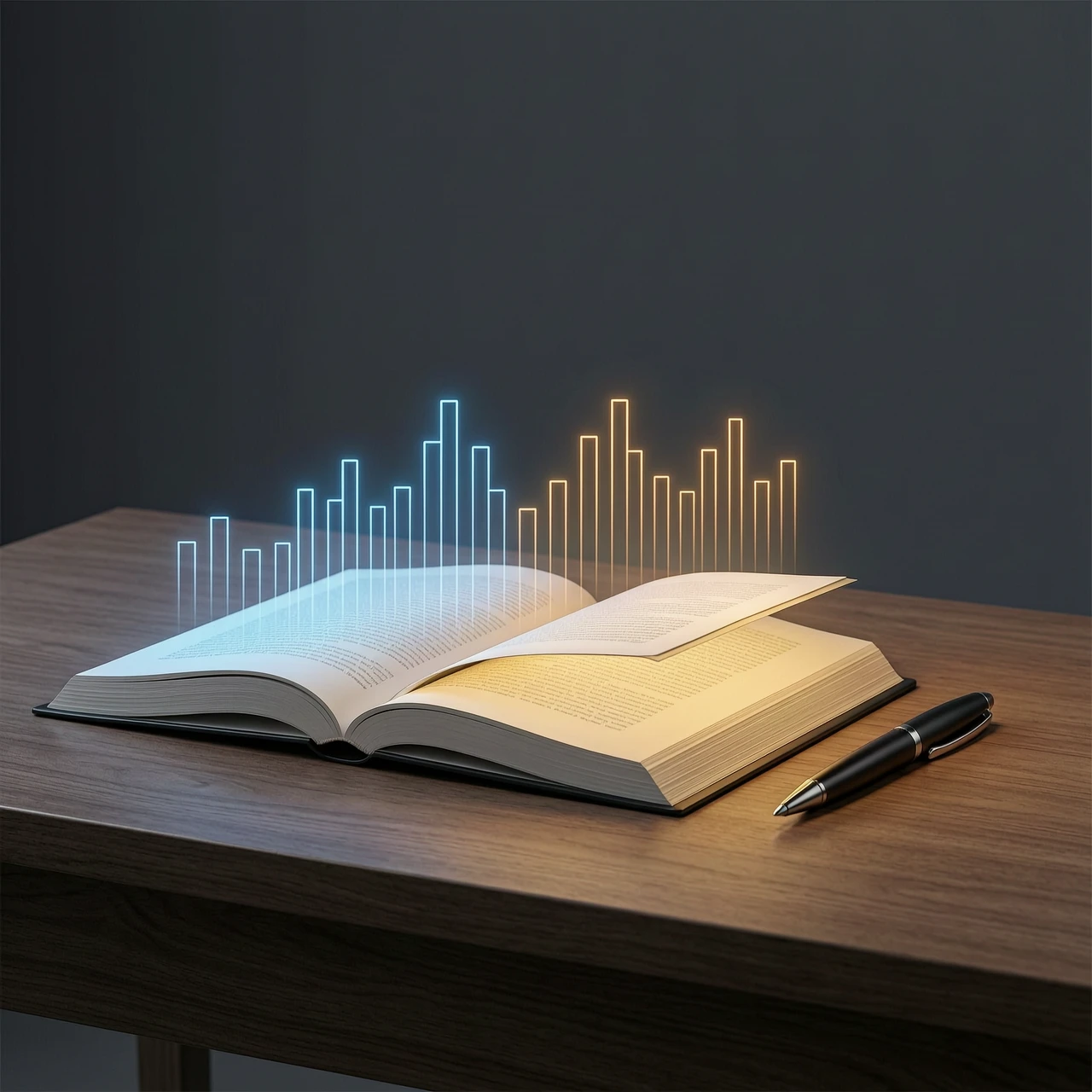 Minimalist and clean academic scene on a dark background, a wooden desk with a glowing open book, a sleek modern pen, and a subtle financial chart pattern emerging from the…