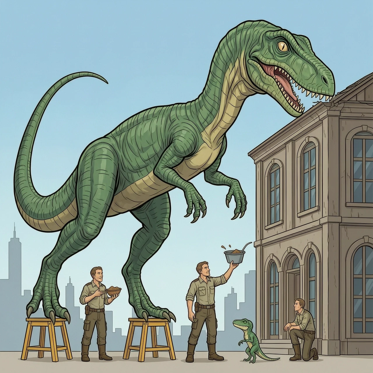 нарисуй историю мне как хозяйн кормит своего Velociraptor blu сначала Velociraptor blu маленикий всего 1 метор хозяй кормит его с рук Velociraptor blu вырастате до 3 метров чтоб…