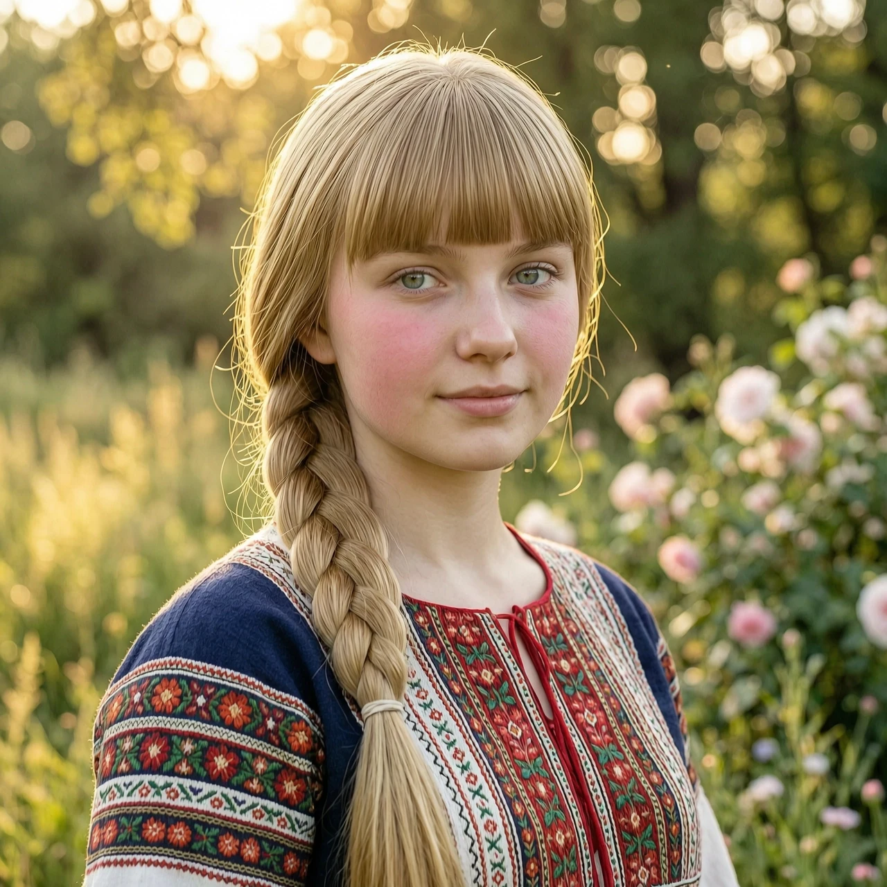Портрет 17-летней русской красавицы Алёнки в стиле гиперреализма с элементами классической живописи маслом. У неё длинная, одна толстая коса соломенного цвета, перекинутая через…