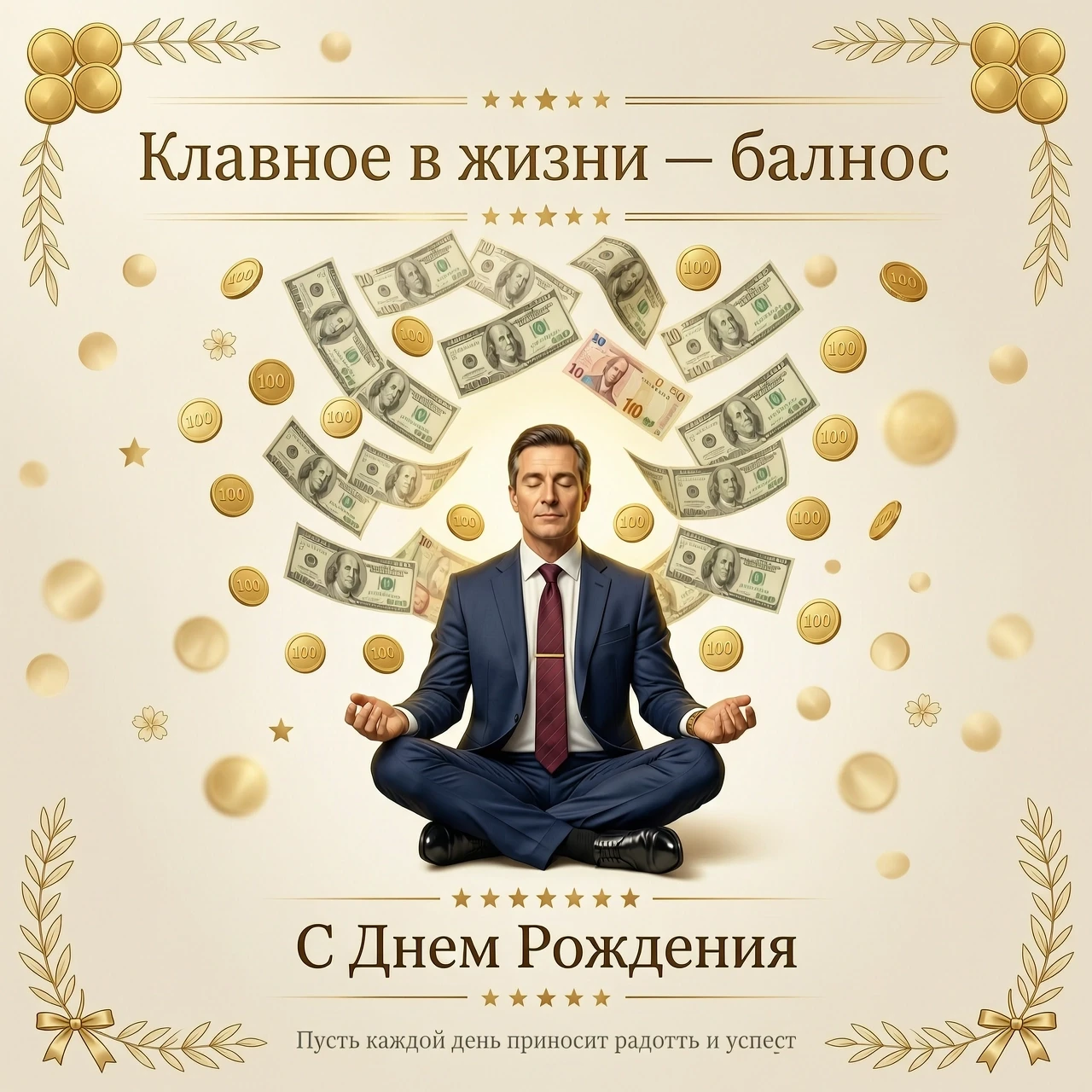 На изображении представлен мужчина в офисном костюме, сидящий в классической позе лотоса. Эта поза символизирует спокойствие, гармонию и внутреннюю сосредоточенность. Вокруг…
