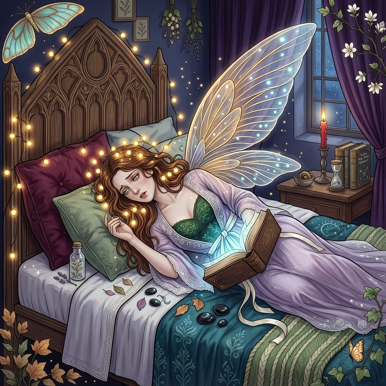 a woman in a fairy costume laying on a bed with fairy lights on her head and wings above her head, holding an ancient-looking book, a storybook illustration, Anne Stokes,…
