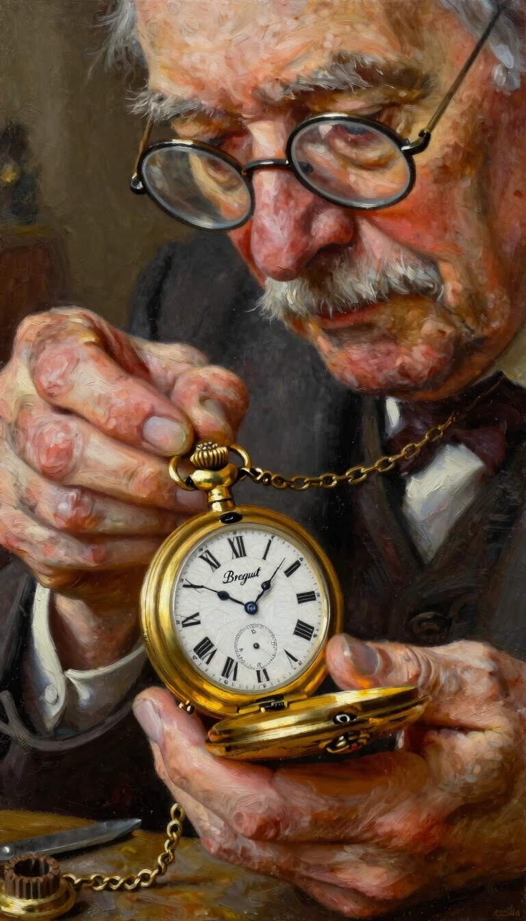 A masterpiece. Style: oil painting. (Image. An old watchmaker in round glasses is making an antique pocket watch “Breguet”):1.8. High quality. High resolution. Increased…