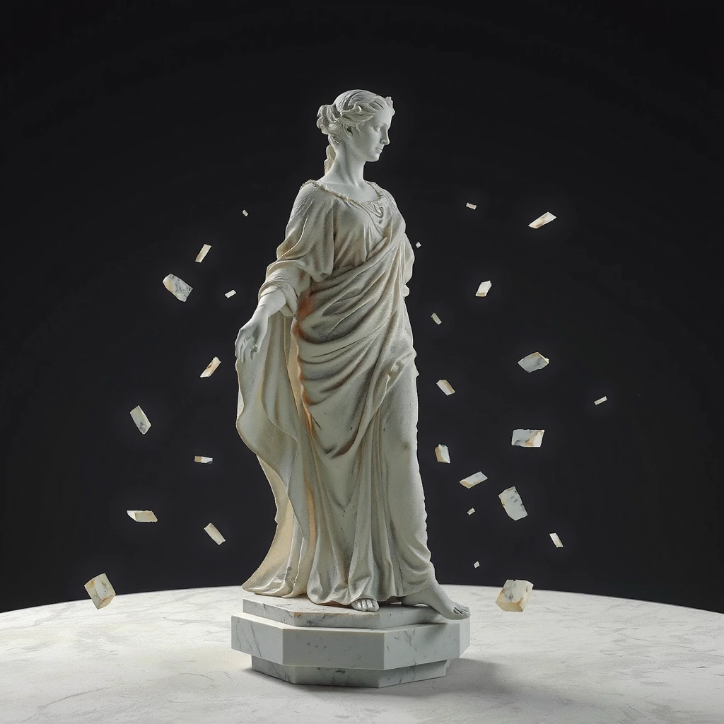 Silhouette of an ancient Greek goddess (classical statue, flowing robe) constructed from horizontal stacked 3D printing layers, FDM layer lines clearly visible, contour map…