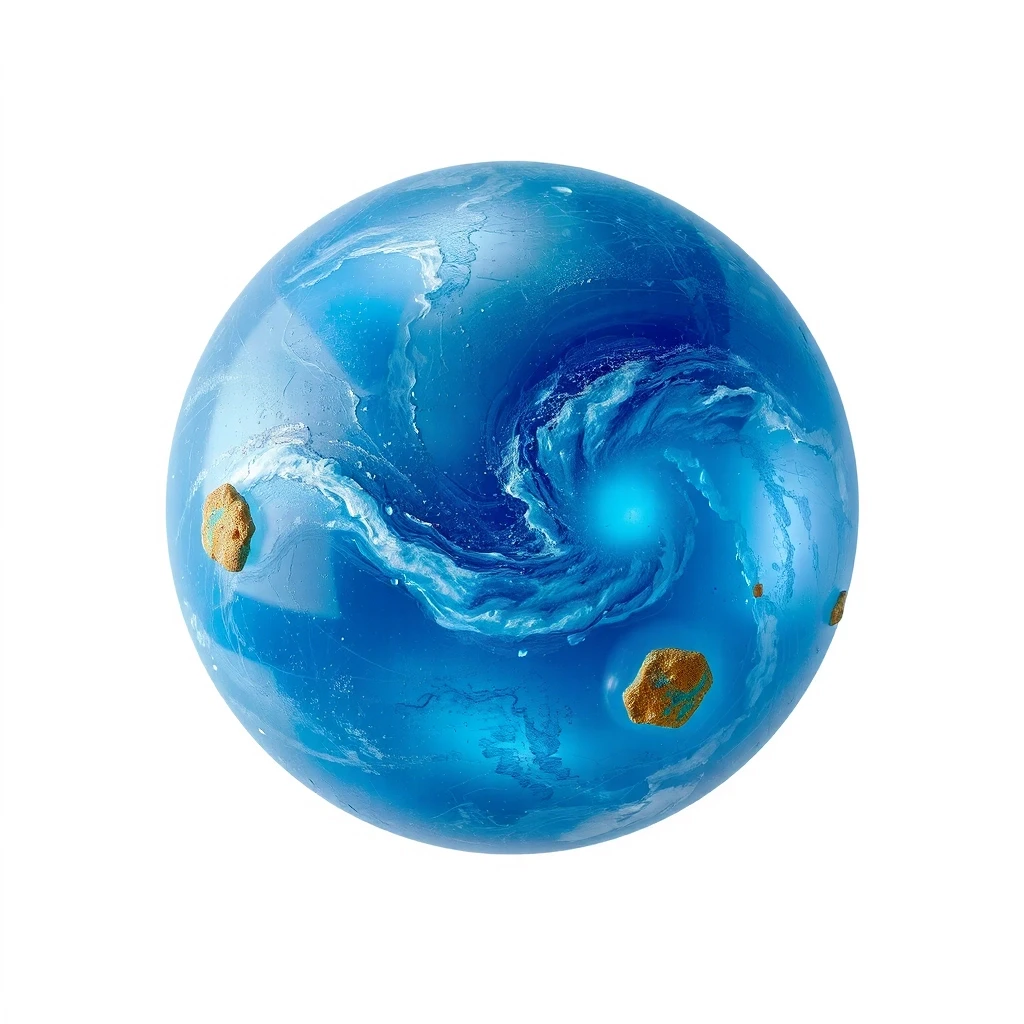 Award-winning professional photo on a perfect white background. A masterpiece, stunningly beautiful. A planet made of bright blue gas. Winds, hurricanes, and rain of molten…