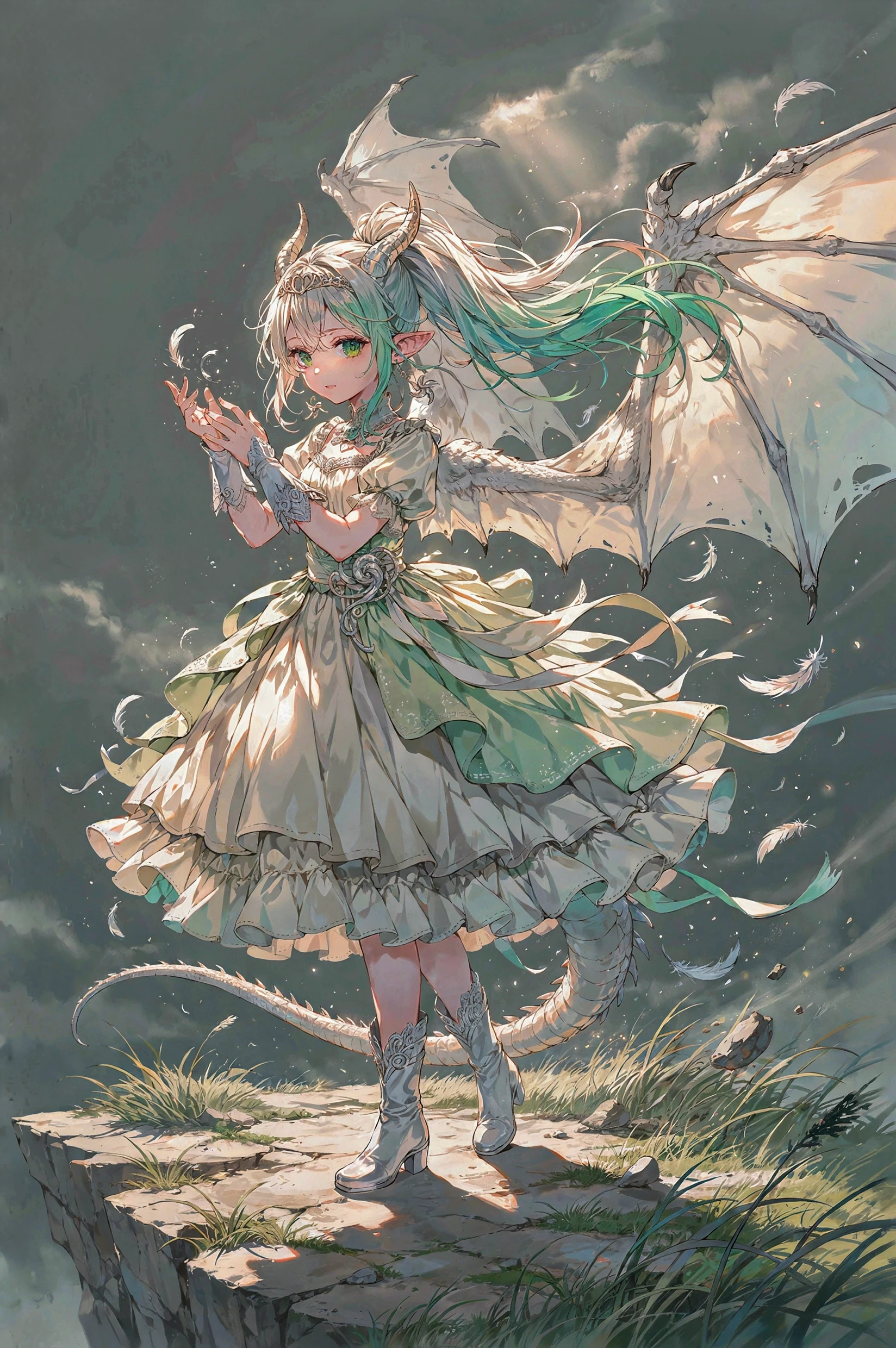 1girl, dragon girl, green eyes, large leathery dragon wings, dragon tail, dragon horns, masterpiece, best quality, absurdres, wind dragon girl, white dragon girl, high ponytail,…