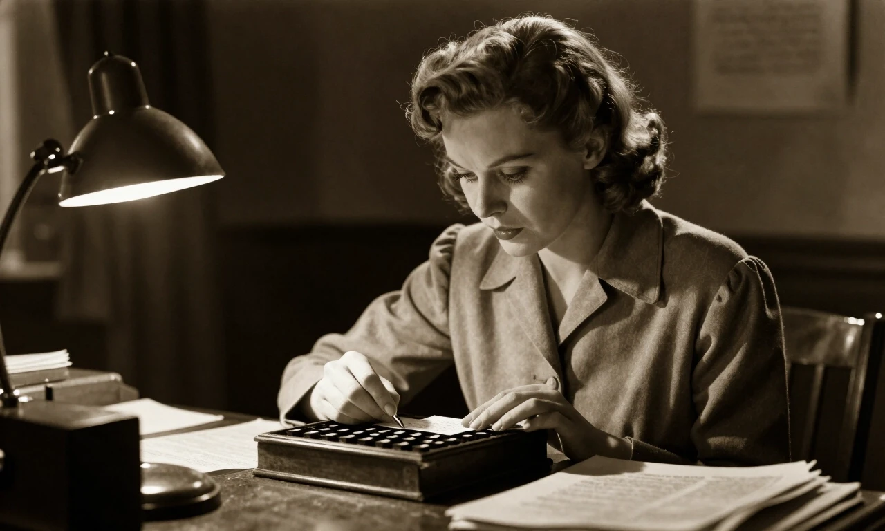 1940s woman at desk decoding messages with cipher book, focused expression, sepia tone, cinematic side lighting — работа пользователя Необыкновенный Фенрир