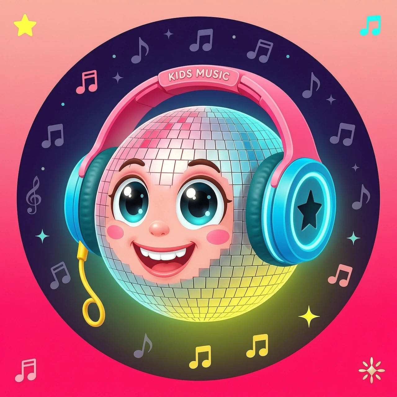 A minimalist, high-contrast circular avatar icon for a children's music channel. In the center, a cute 3D cartoon disco ball character with big friendly eyes and a happy…