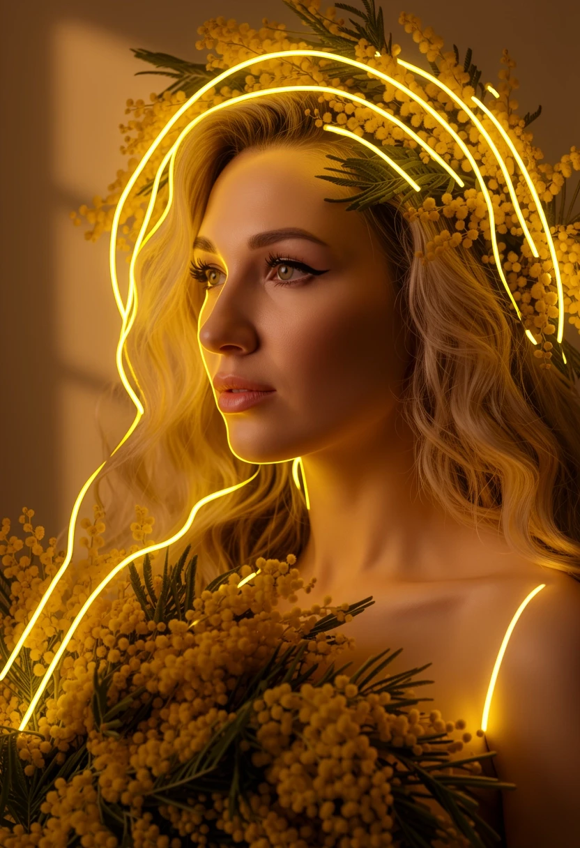Detailed photo of the girl, with just a few minimal 8mm yellow LED neon lines as elegant accents on top of the flowers. Low density neon, simplified sparse light layout, large…