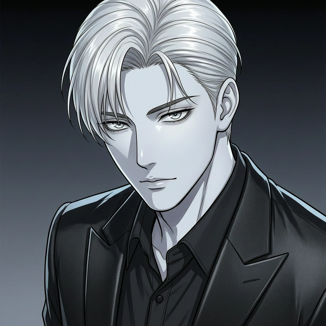 A stunningly handsome and elite 2D digital anime portrait, clean k-pop webtoon style, pristine manhwa aesthetic. A young dominant alpha crime boss with perfect smooth pale skin…