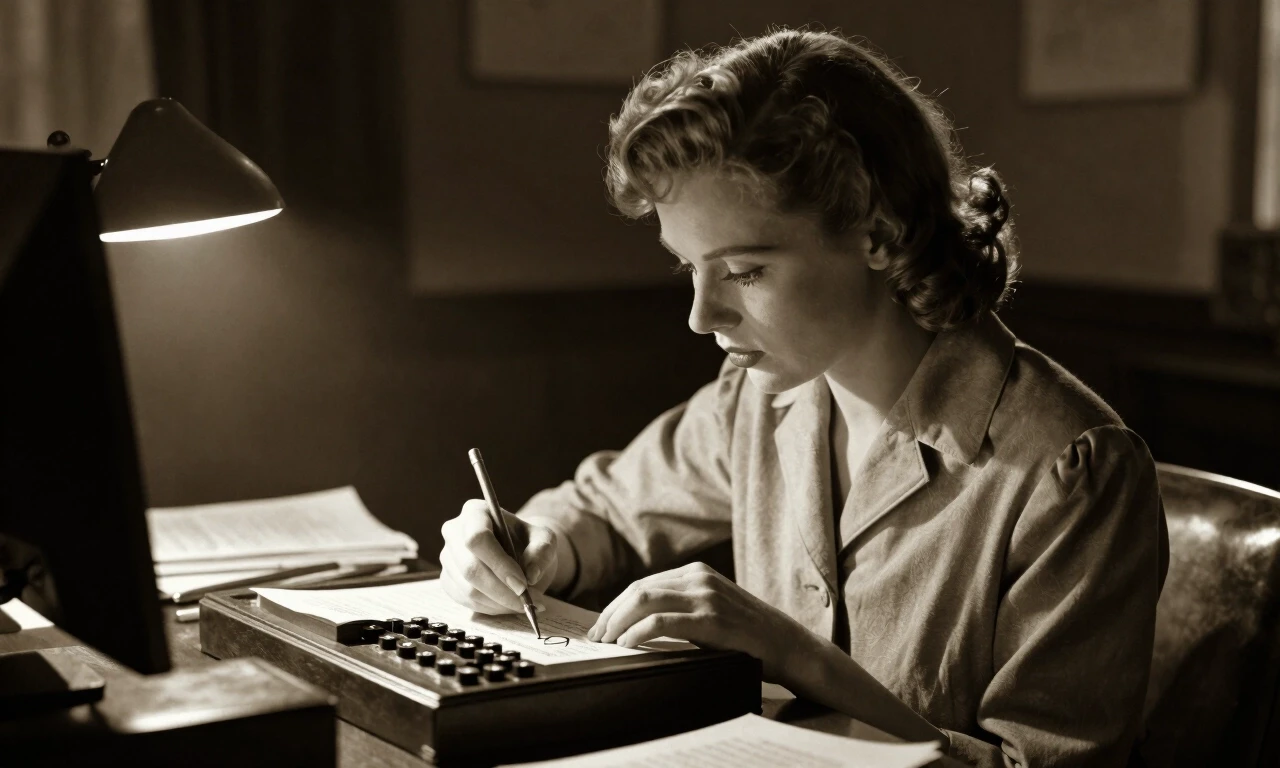 1940s woman at desk decoding messages with cipher book, focused expression, sepia tone, cinematic side lighting — работа пользователя Необыкновенный Фенрир