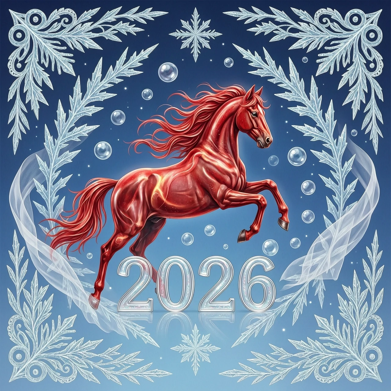 In the double exposure style. An ephemeral mythical creature in the form of a beautiful scarlet fiery horse with a long wavy mane collects the word "2026" from glass…