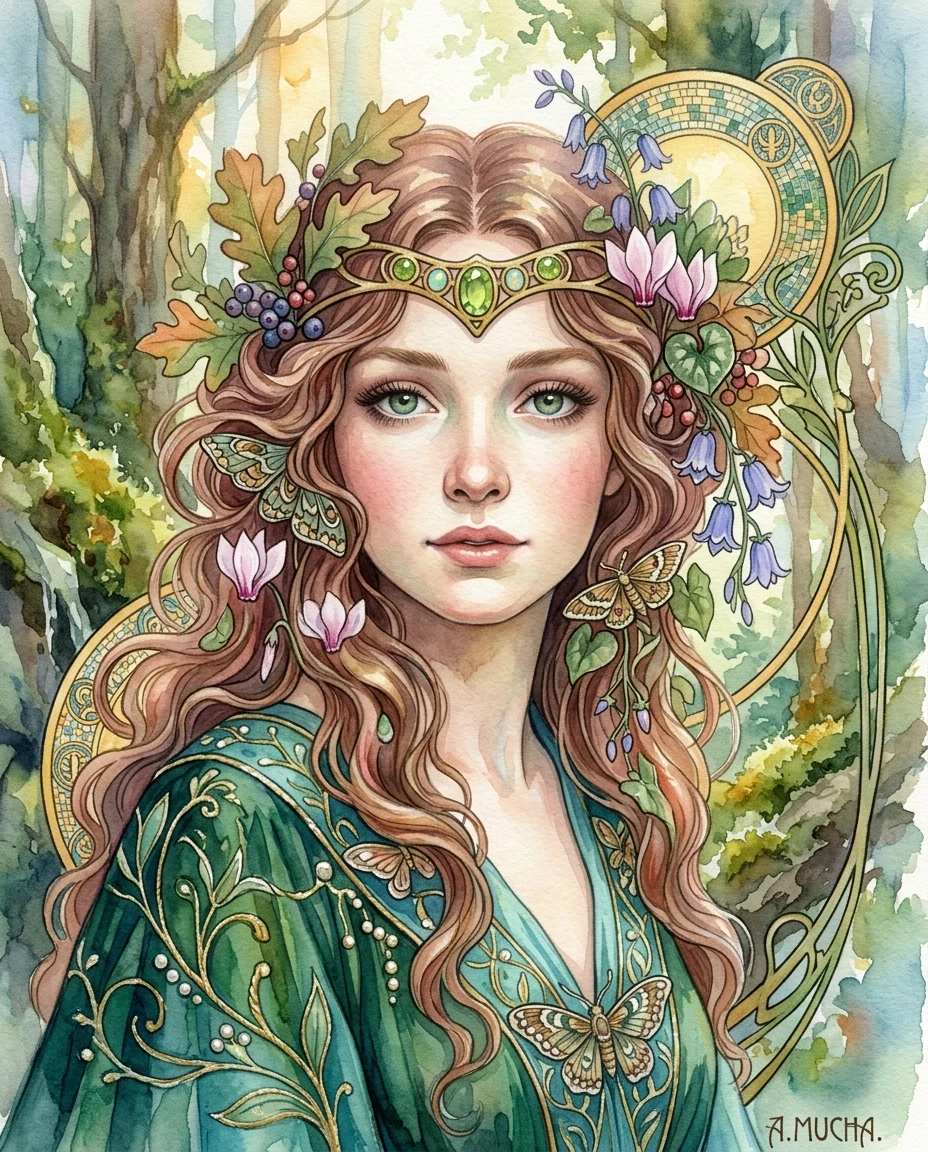 A real masterpiece. How artificial intelligence would depict: (Aesthetics: Impressionism. The image is made in watercolor technique. Art Deco and very beautiful forest nymph…